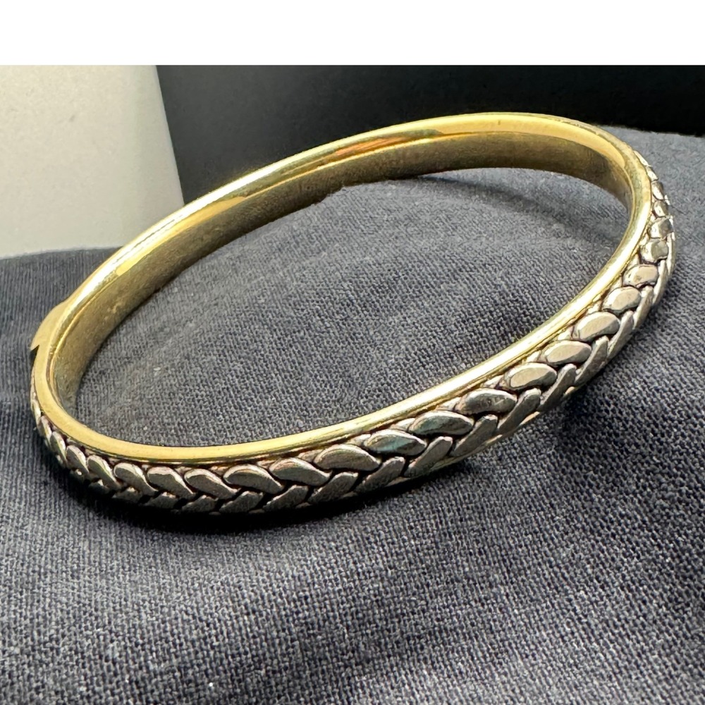 Braided Bangle Bracelet Gold Tine Silver Tone Heavy Wheat Pattern 8 Inch